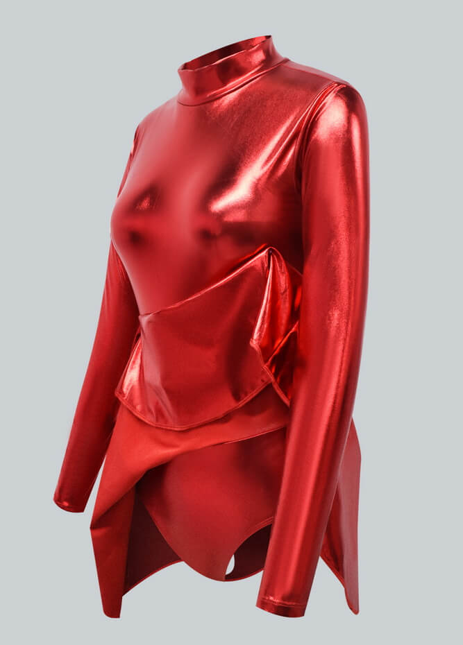 Long Sleeve Turtleneck Shiny Metallic A-Line Flared Dress
