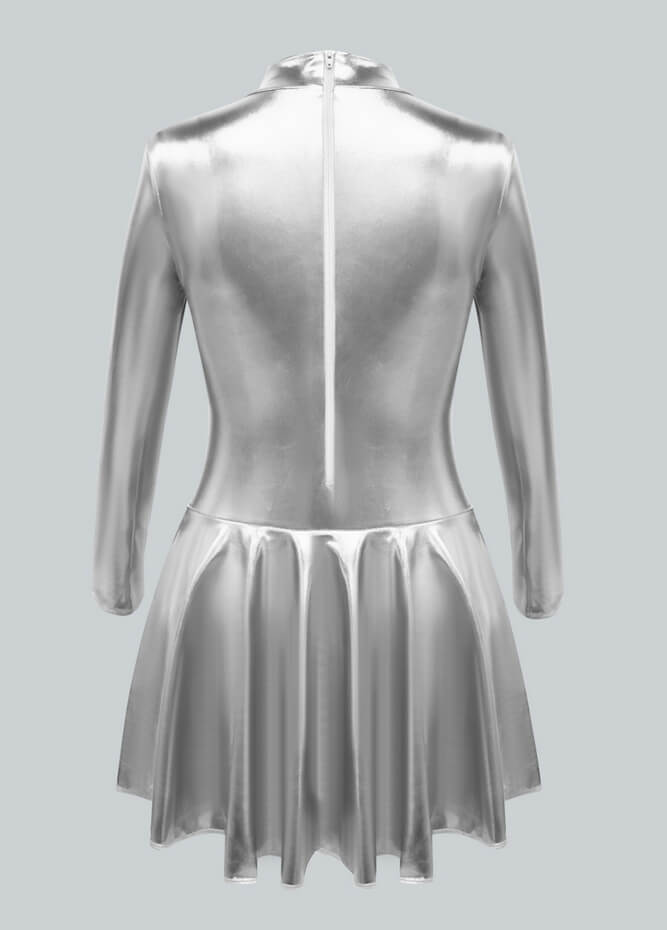 Long Sleeve Turtleneck Shiny Metallic A-Line Flared Dress