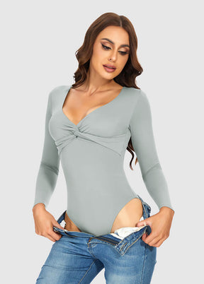 Long Sleeve V Neck Thong Bodysuit