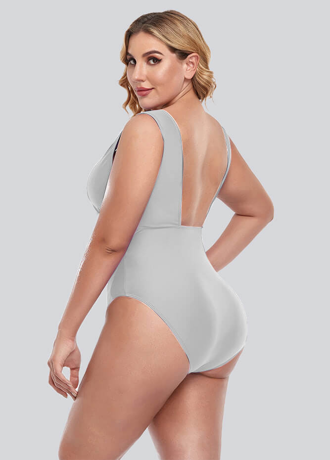 Womens Plus Size Retro V-neck One Piece Swimsuit