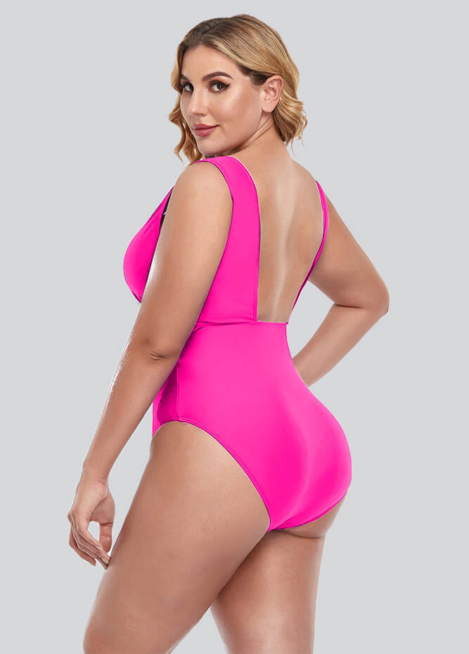 Womens Plus Size Retro V-neck One Piece Swimsuit