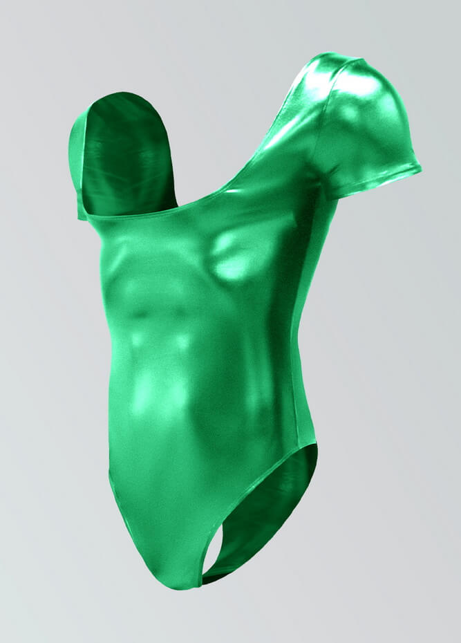 Mens Shiny Metallic Short Sleeve Square Neck Thong Leotard