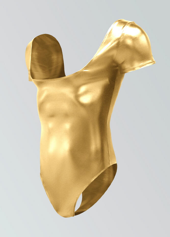 Mens Shiny Metallic Short Sleeve Square Neck Thong Leotard