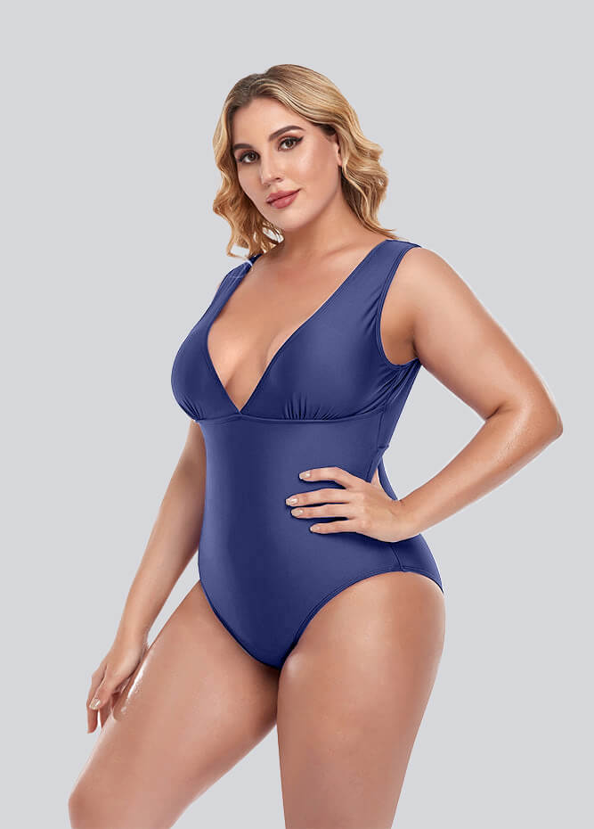 Womens Plus Size Retro V-neck One Piece Swimsuit