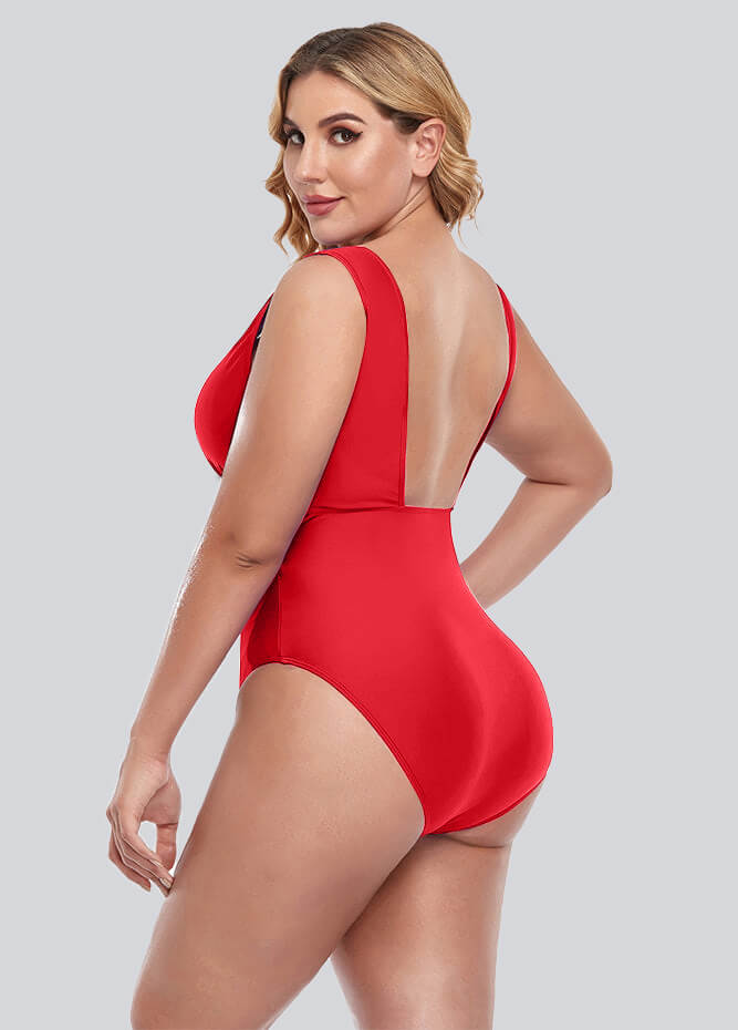 Womens Plus Size Retro V-neck One Piece Swimsuit