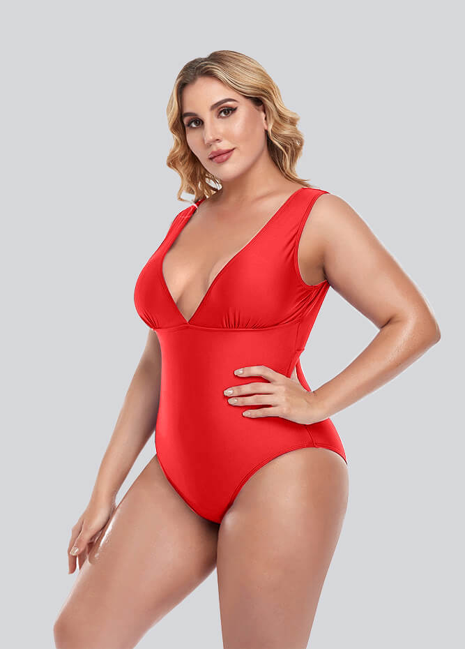 Womens Plus Size Retro V-neck One Piece Swimsuit