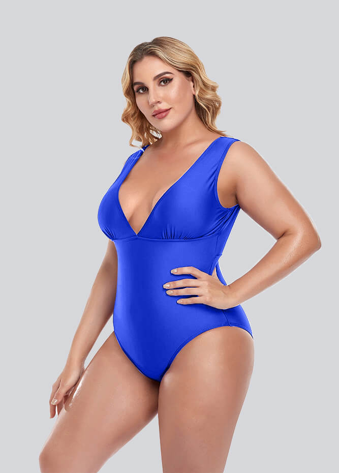 Womens Plus Size Retro V-neck One Piece Swimsuit