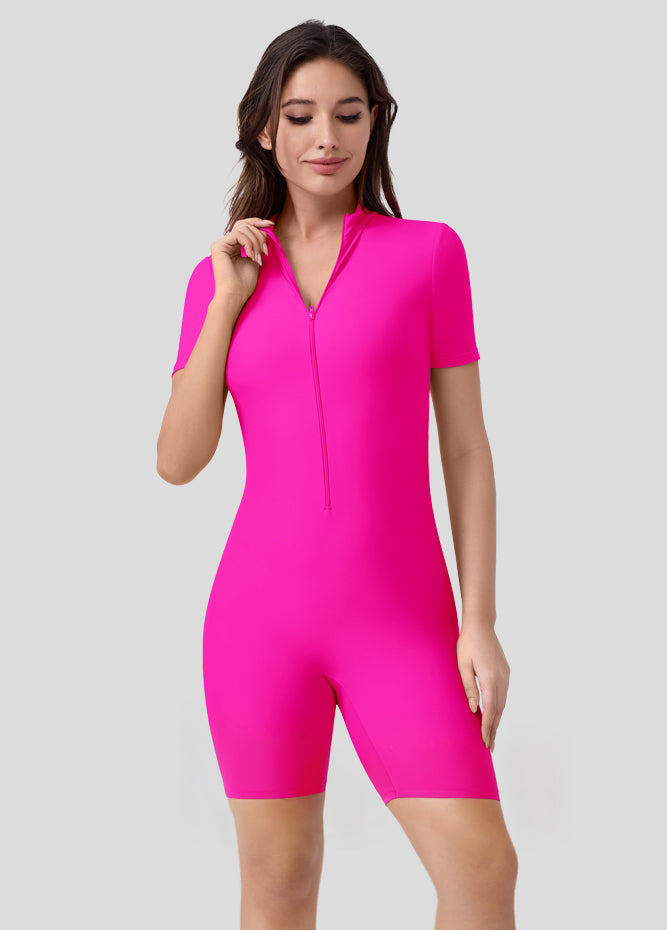 Womens Short Sleeve Zip Front Romper