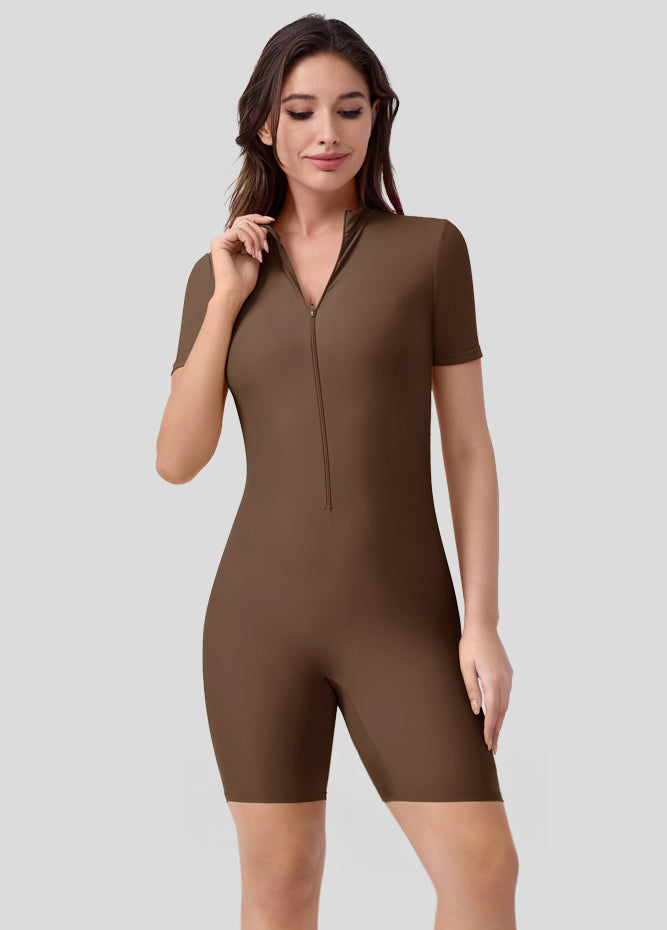 Womens Short Sleeve Zip Front Romper
