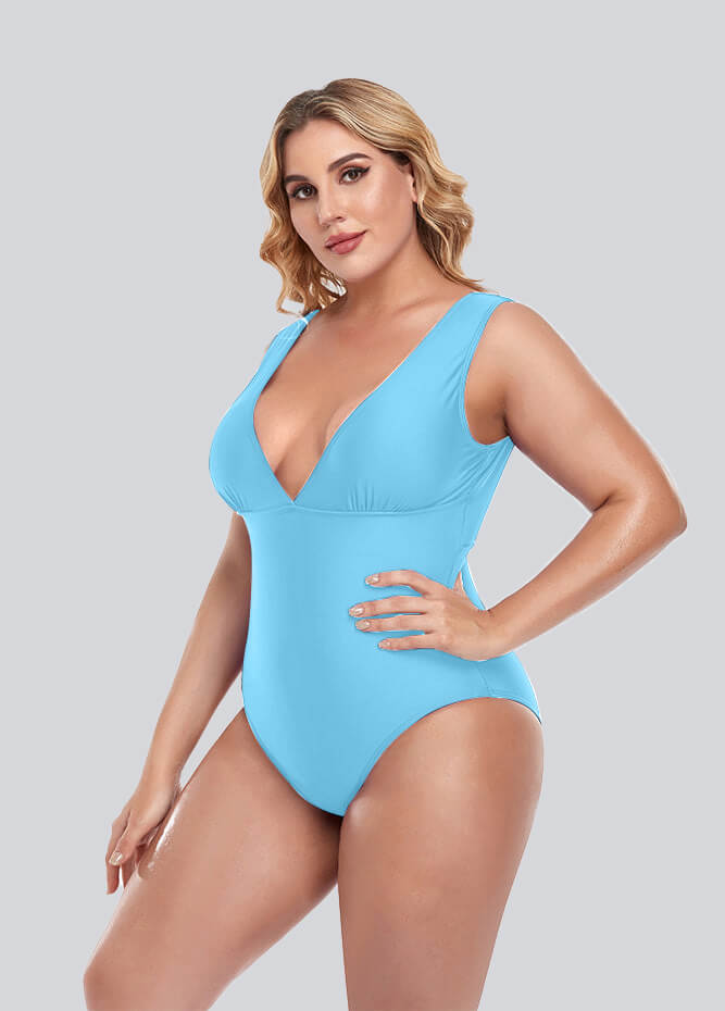 Womens Plus Size Retro V-neck One Piece Swimsuit
