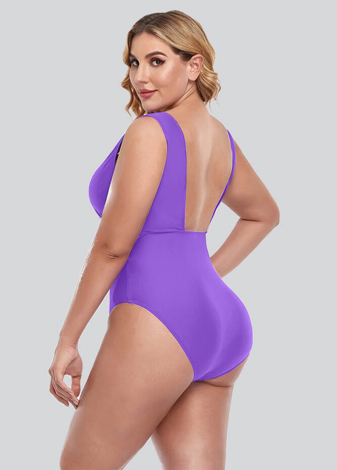 Womens Plus Size Retro V-neck One Piece Swimsuit