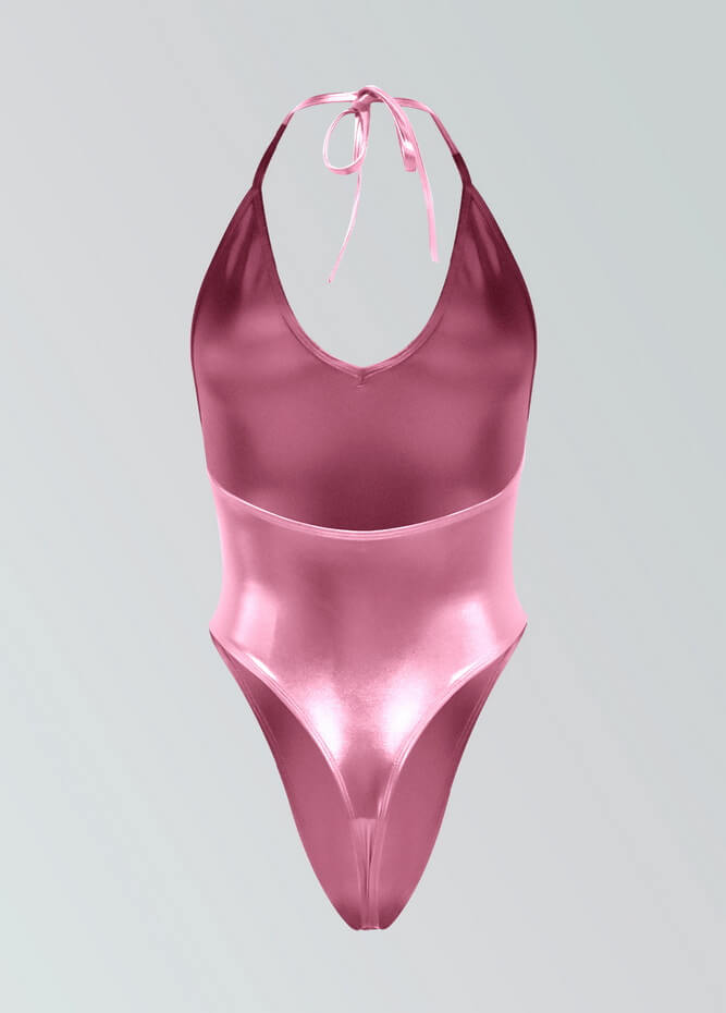Womens Metallic Halter V-Neck Thong Leotard
