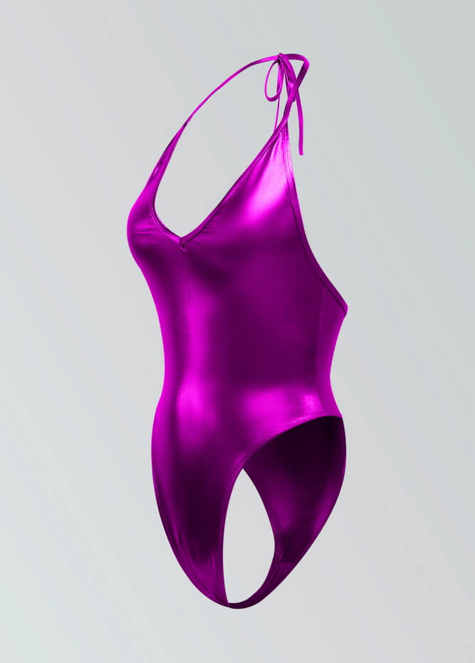 Womens Metallic Halter V-Neck Thong Leotard