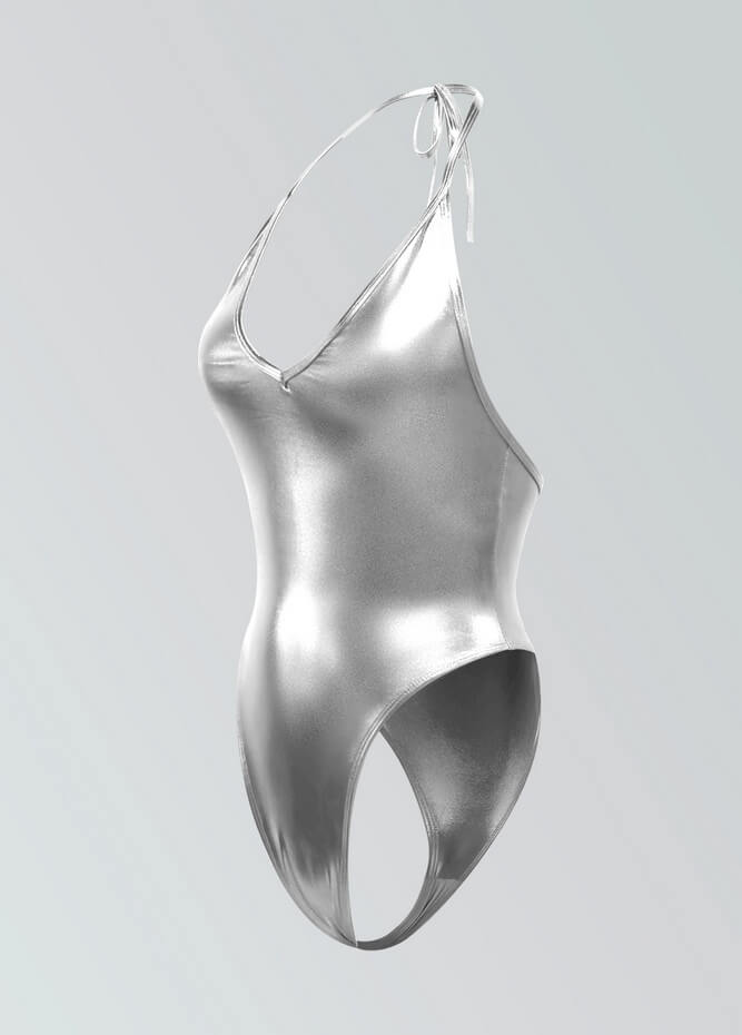 Womens Metallic Halter V-Neck Thong Leotard