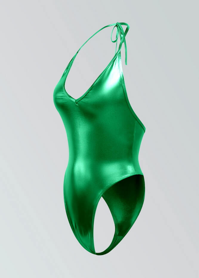 Womens Metallic Halter V-Neck Thong Leotard