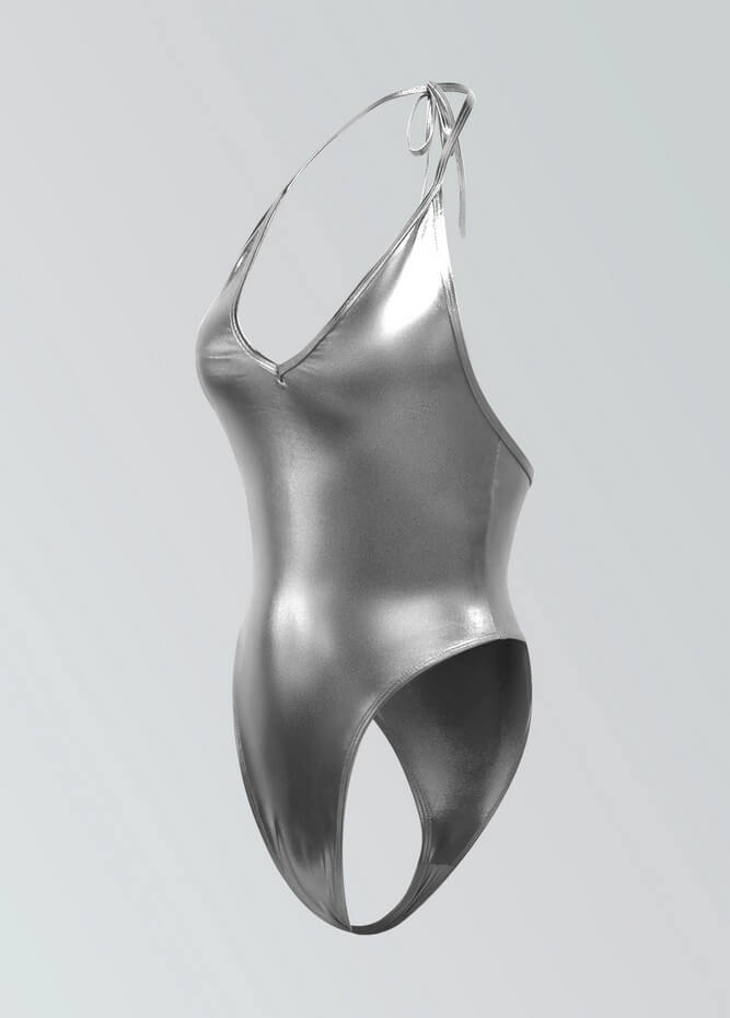 Womens Metallic Halter V-Neck Thong Leotard
