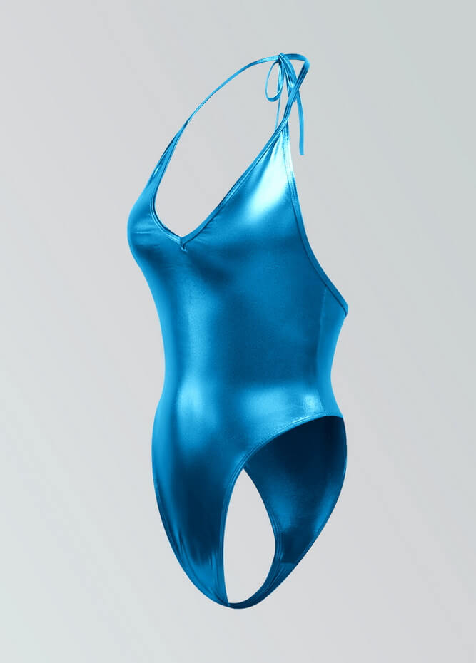 Womens Metallic Halter V-Neck Thong Leotard