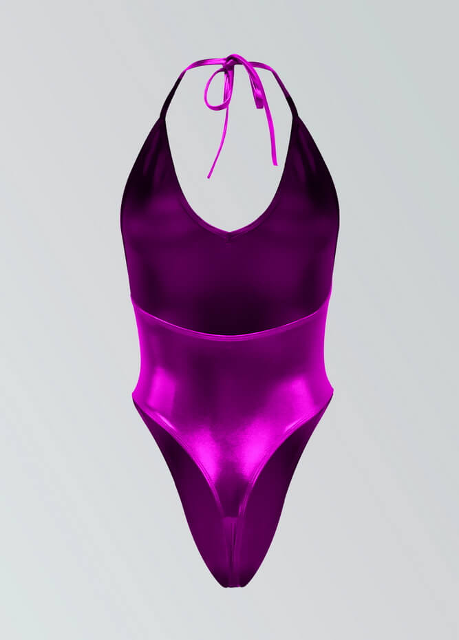 Womens Metallic Halter V-Neck Thong Leotard
