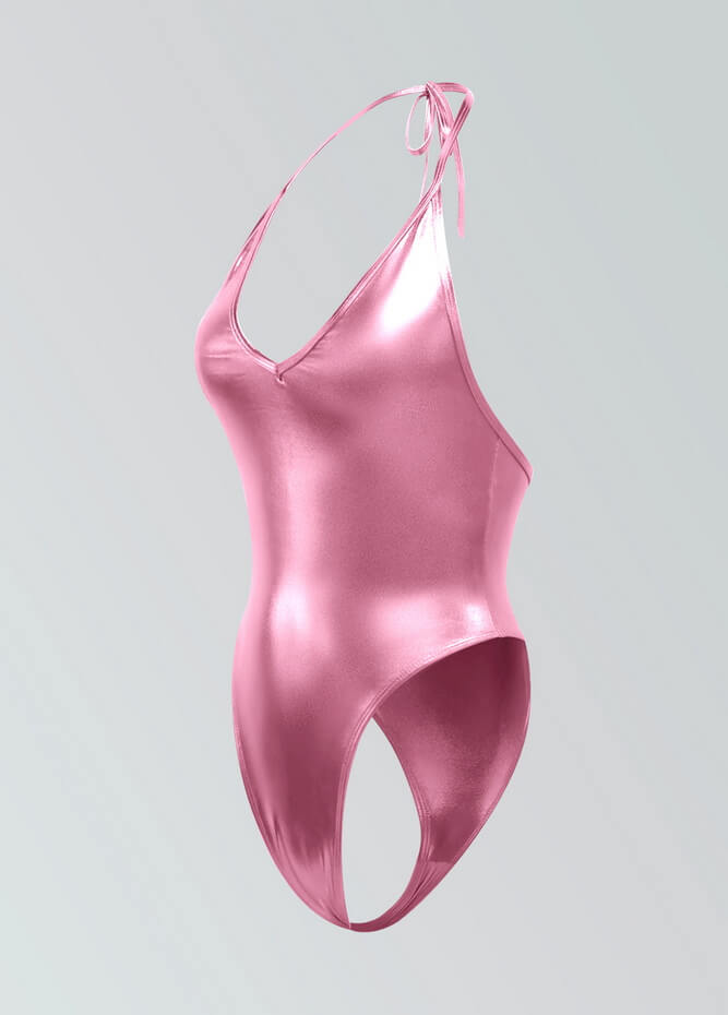 Womens Metallic Halter V-Neck Thong Leotard