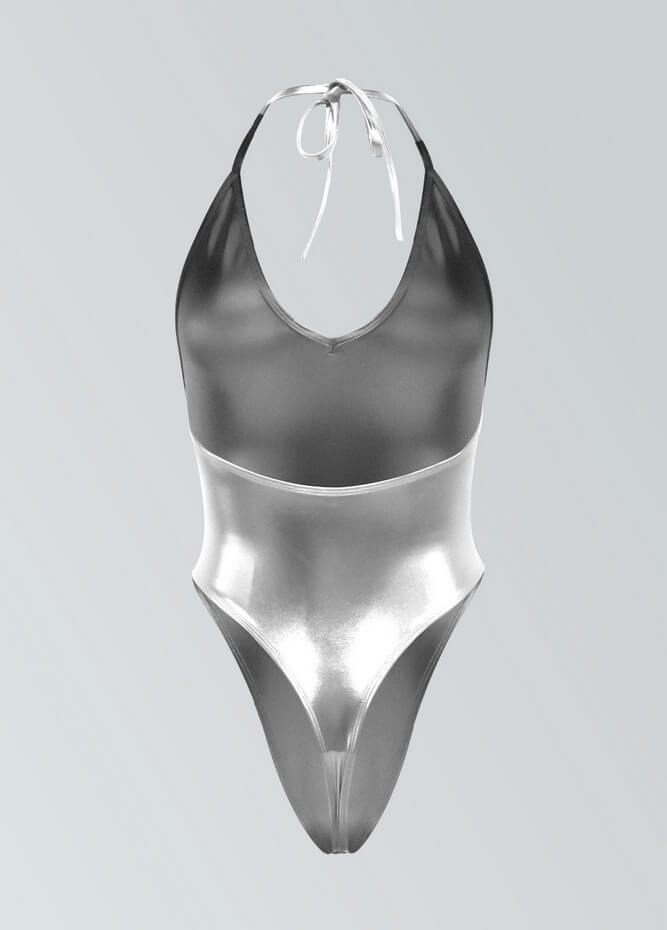 Womens Metallic Halter V-Neck Thong Leotard