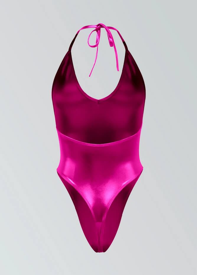 Womens Metallic Halter V-Neck Thong Leotard