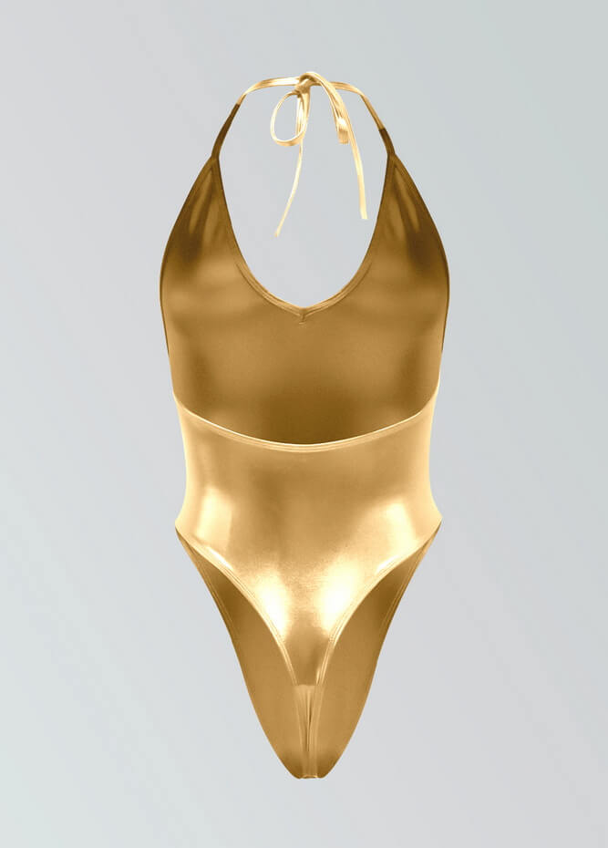 Womens Metallic Halter V-Neck Thong Leotard