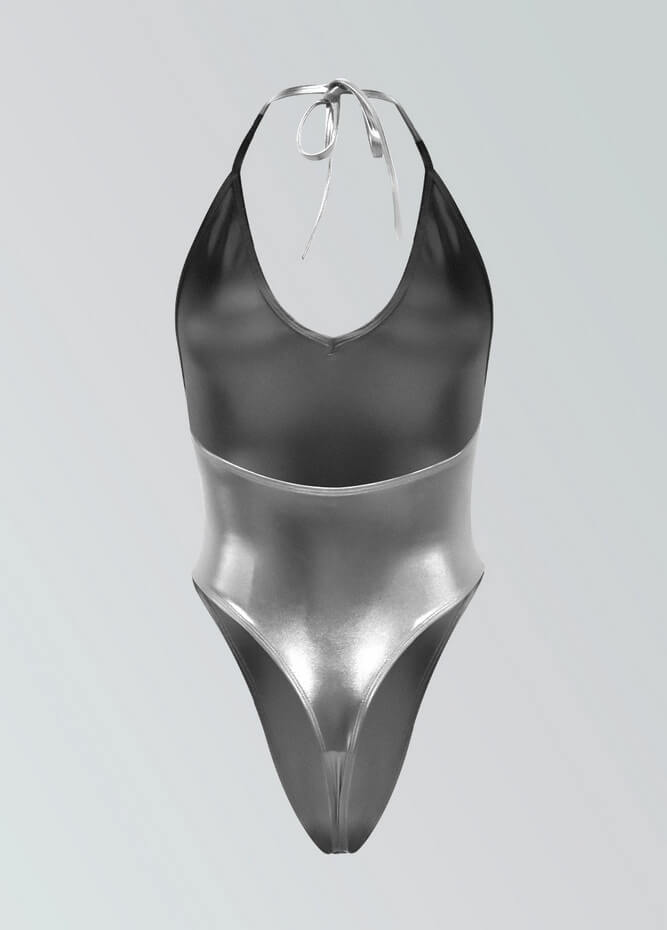 Womens Metallic Halter V-Neck Thong Leotard
