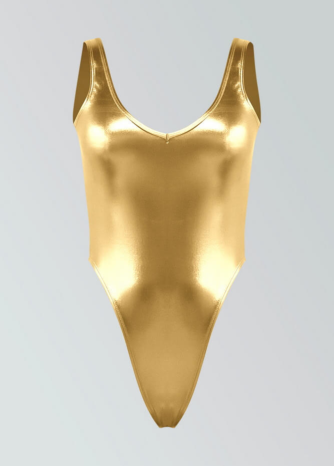 Womens V-neck Metallic Thong Leotard