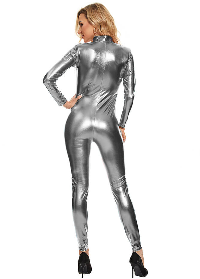 Womens Zip Front Metallic Catsuit Costume