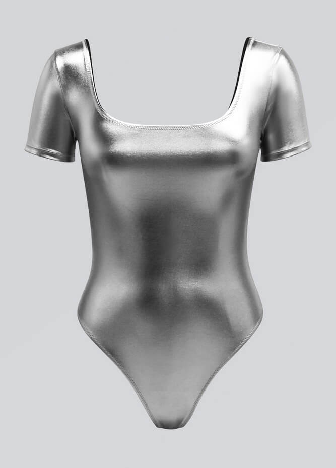 Womens Metallic Short Sleeve Thong Leotard