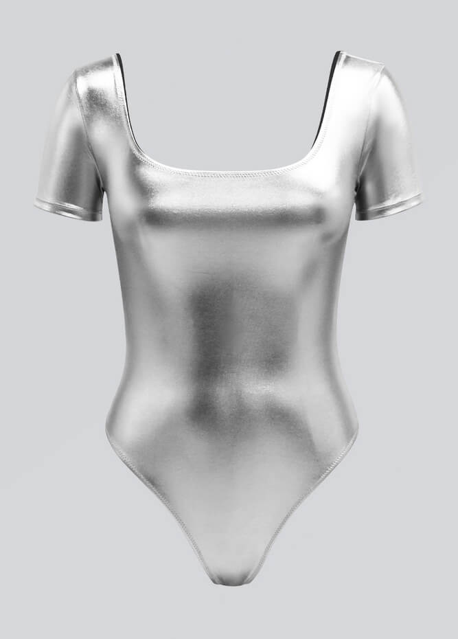 Womens Metallic Short Sleeve Thong Leotard