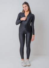 Black Zip Front Spandex Long Sleeve Turtleneck Unitard