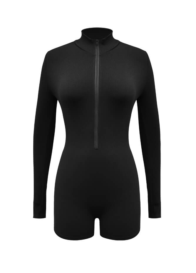 Zip Front One Piece Ribbed Romper Bodysuit
