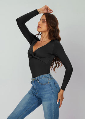 Long Sleeve V Neck Thong Bodysuit