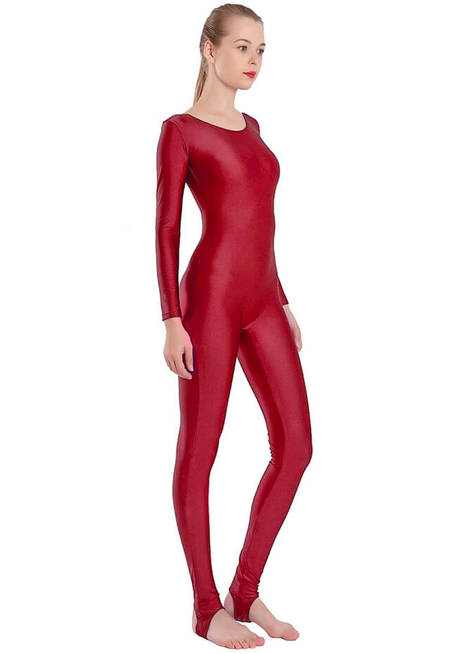 Girls Red Spandex Spandex Full Bodysuit With Stirrup Gymnastic