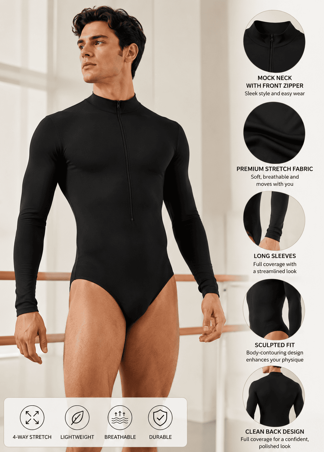 Mens Zip Front Long Sleeve Leotard