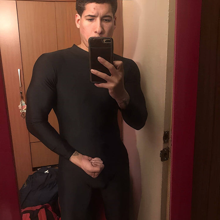 Customer wearing a black long-sleeve Speerise unitard