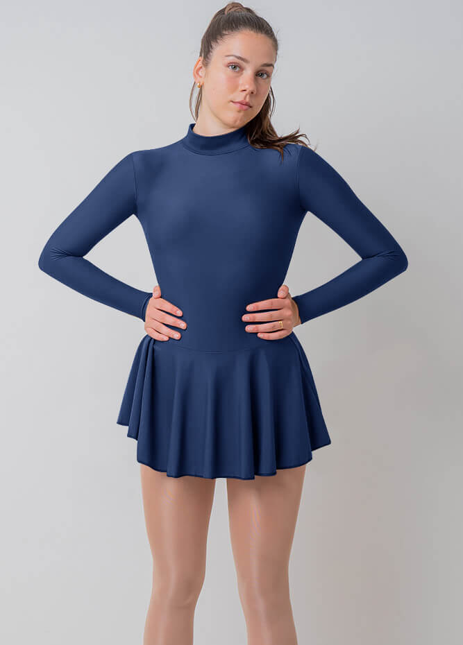 Womens Turtleneck Long Sleeve Dance Leotard with Skirt