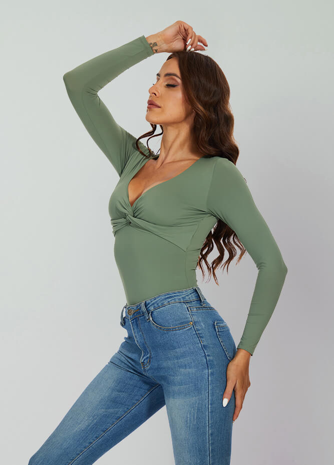 olive green long sleeve v neck bodysuit