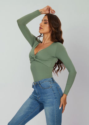 Long Sleeve V Neck Thong Bodysuit