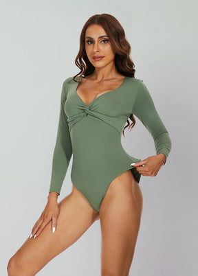 Long Sleeve V Neck Thong Bodysuit