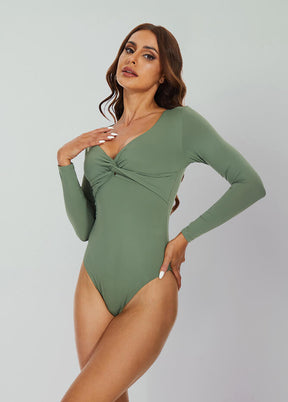 Long Sleeve V Neck Thong Bodysuit