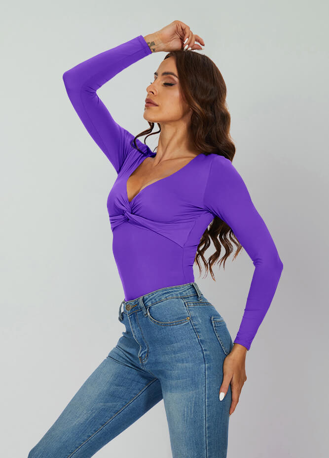 purple long sleeve v neck bodysuit