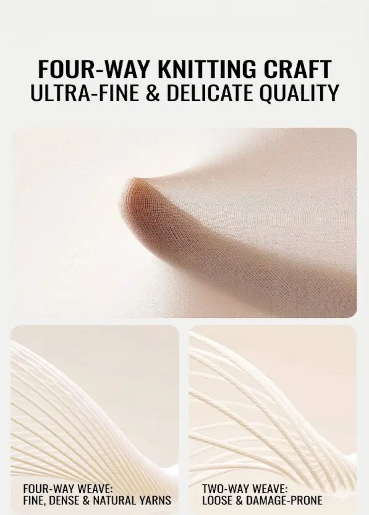 Textured fabric with 'Four-Way Knitting Craft' and 'Ultra-Fine & Delicate Quality' on a white background.