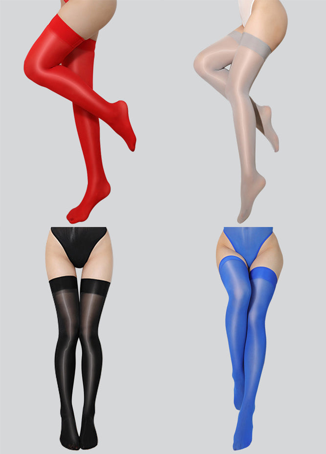 Various pairs of stockings in different colors on a neutral background