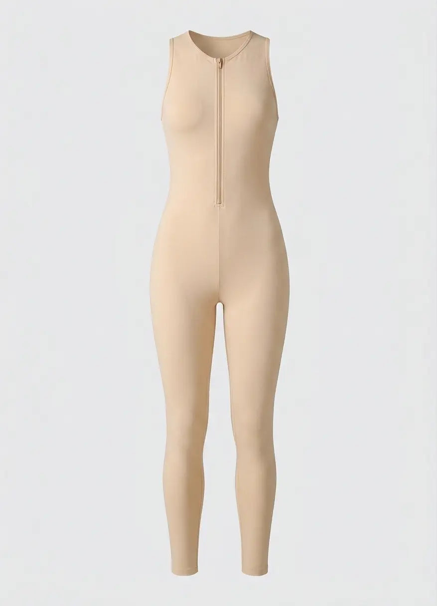 A sleeveless beige full-length bodysuit with a front zipper, shown on a plain light gray background.