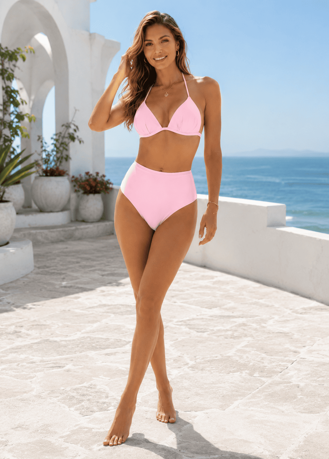 Womens Halter Triangle High Waisted Bikini Set