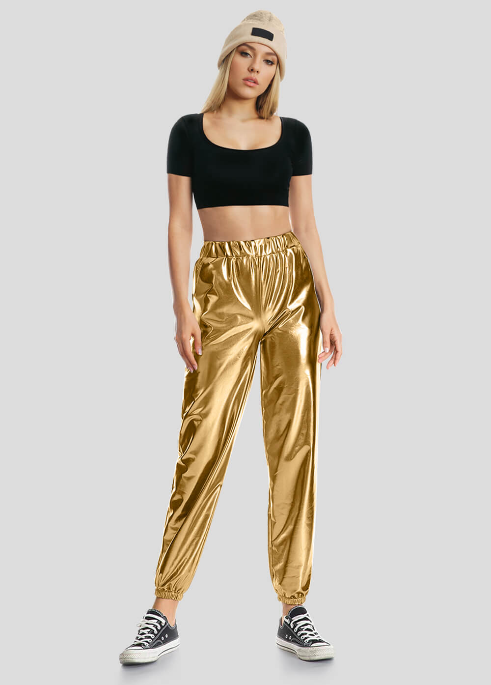 High Waisted Shiny Metallic Jogger Pants