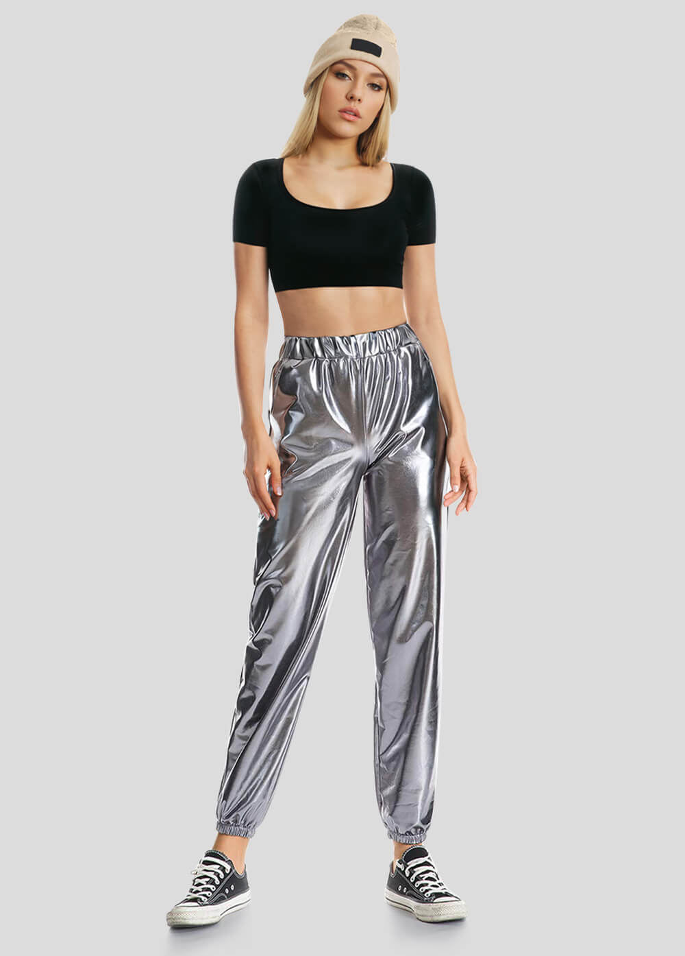 High Waisted Shiny Metallic Jogger Pants