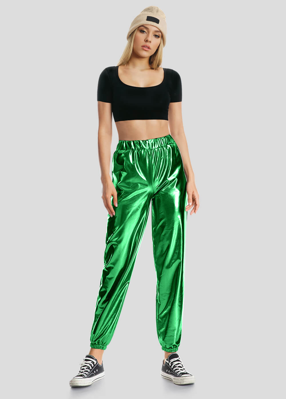High Waisted Shiny Metallic Jogger Pants